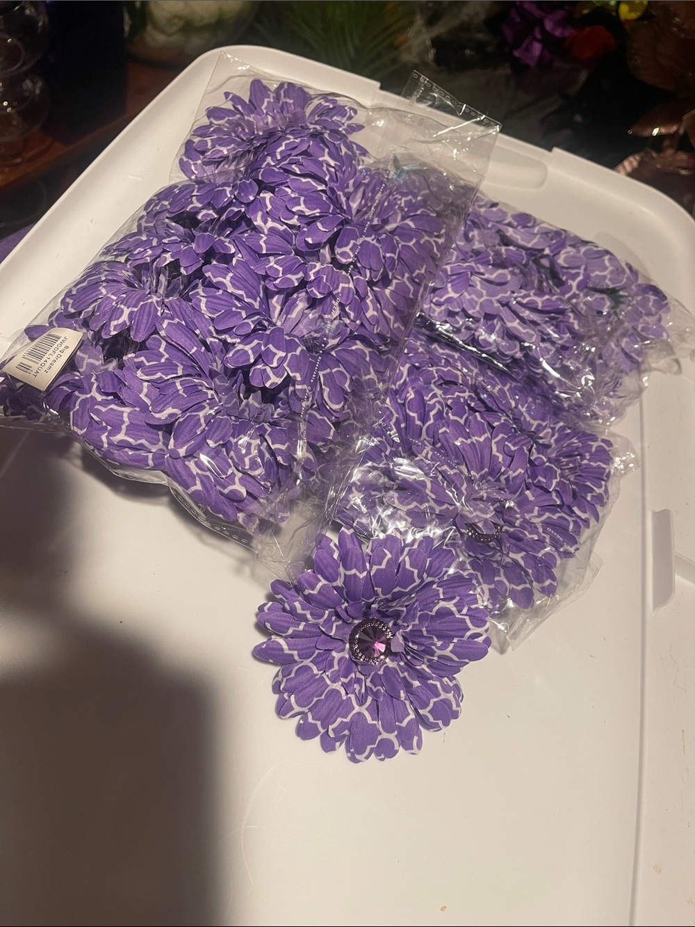 Purple & White Floral Fabric Flowers diy 3 dozen large crafts rhinestone Center